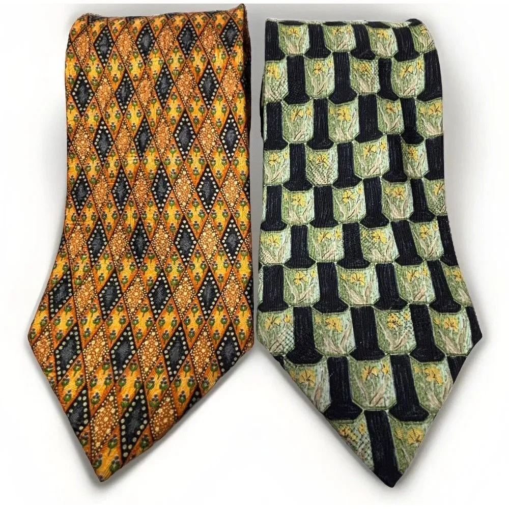 2 VTG ERMENEGILDO ZEGNA 100% Silk  Ties ITALY Designer Diamond Floral LOT EUC‎